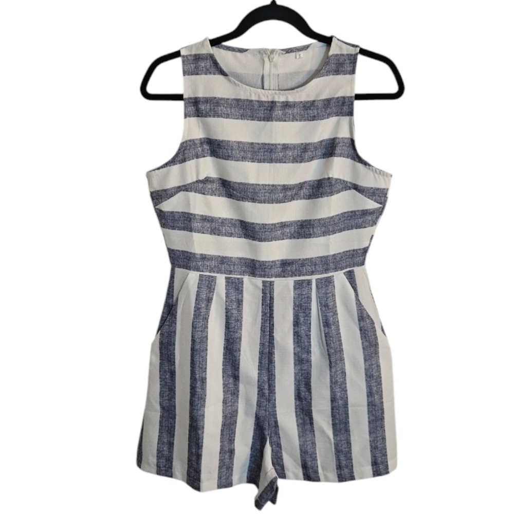 Striped Blue and White Summer Linen Blend Capetown Romper size Small EUC